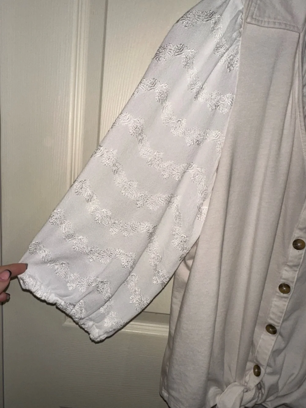 Anthropologie Cream Button-Front Blouse Lace Sleeves L mixed media cottagecore